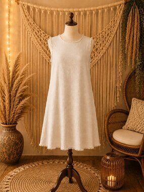Boho Linen Dress | Natural Ivory | Sleeveless A-Line | Cottagecore